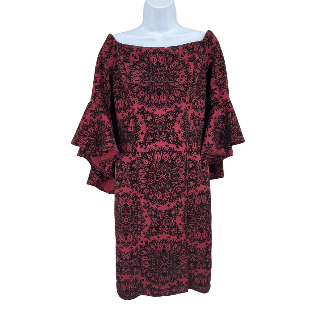 Venus Dress Sz 10 Red Black Damask Bell Sleeve Gothic Vampire Romantic Whimigoth